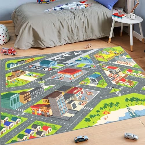 KC Cubs: Educational Rug: City Streets Road Map - 5x7' Playmat - Interactive Toy Car Route, Activity Area Carpet, Bedroom-Classroom, Baby-Toddler-Kids by KCCubsKidsHomeandFurnishing