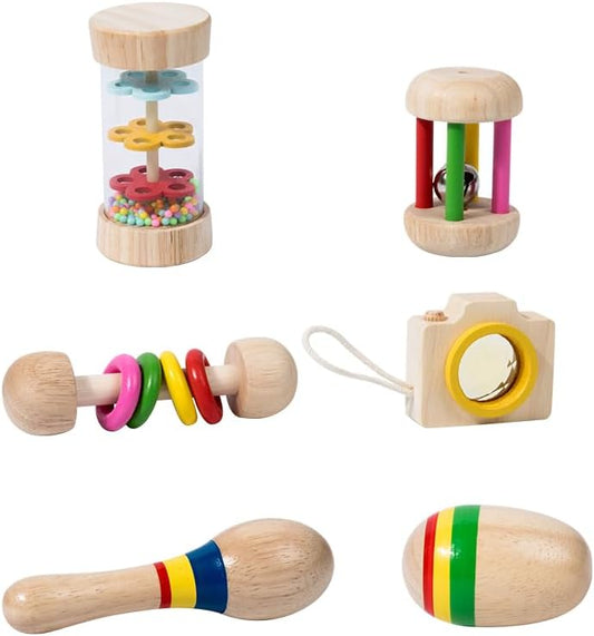 Wooden Sensory Musical Instrument Set Toy for Toddlers, Rattle with Rainstick, Maracas, Sand Ball, Hand Bell, Drum Rattle, Kaleidoscope, Infant Toy, Birthday Gift for Boys & Girls by EduLandMontessori