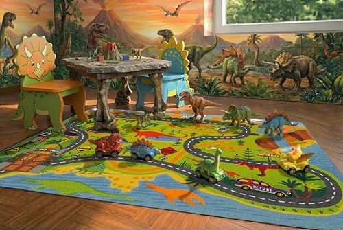 KC Cubs 5x7 Dinosaur Toy Car Dino Road Rug – Educational Play Mat Carpet for Kids, Toddlers, Nursery, Classroom, Playroom, Baby Daycare, Boys & Girls by KCCubsKidsHomeandFurnishing