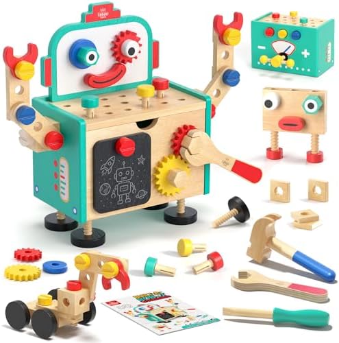 Lehoo Castle Kids Tool Set, Wooden Montessori Robot Tool Bench for Boys 3+ by LehooCastle
