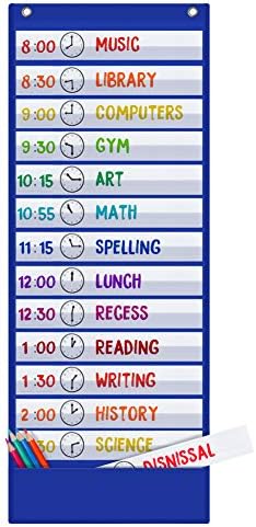 Scheduling Pocket Chart, 13+1 Pockert, Daily Class Schedule Pocket Chart with 18 Dry-Eraser Cards, Ideal for Classroom Office School Home Used, Over-door Mount (Blue) by Godery