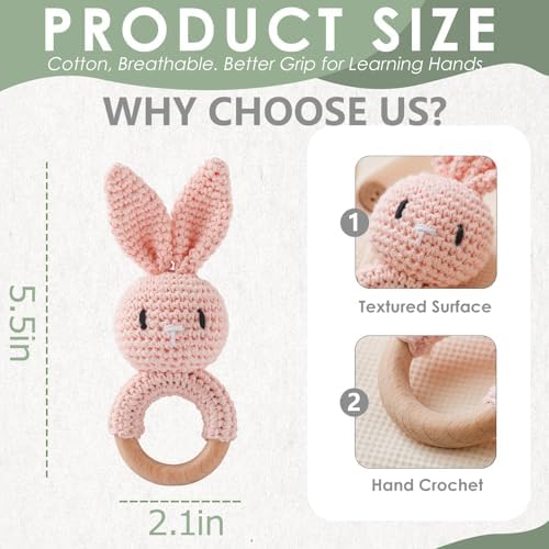 Baby Crochet Rattle Toy - Hand-Knitted Animal Bunny Teether with Soft Bell, Montessori Sensory Toy for Infants 0-36 Months, Natural Wood Teething Ring, Ideal Newborn Keepsake Gift - Image 3