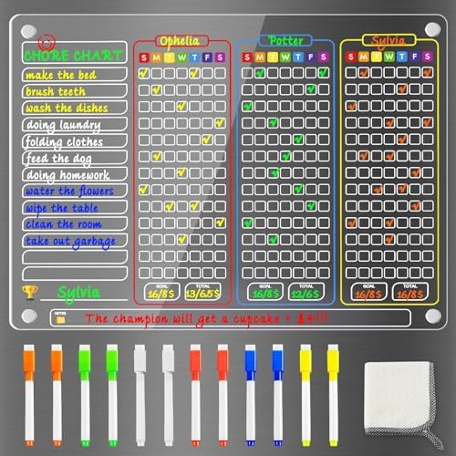 PigPotParty Acrylic Magnetic Chore Chart for Multiple Kids, Large 16x12 in by PigPotParty