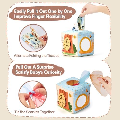 hahaland Baby Tissue Box Toy - Baby Toys 6-12 Months Montessori Toys with Scarves, Crinkle, Textures, Mirror - Gifts for Babies - Image 4