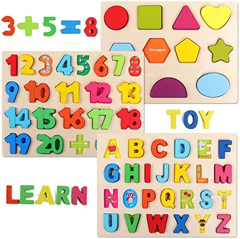 QZMTOY Wooden Puzzles for Toddlers, Wooden Alphabet Number Shape Puzzles Toddler Learning Puzzle Toys for Kids, 3 in 1 Puzzle for Toddlers, Age 3+ (Set of 3) by QZMTOY