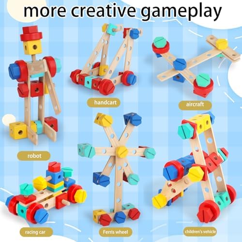 LOVELAND Wooden Take-Apart STEM Toy, 43-Piece Nut & Bolt Construction Set with Wooden Screwdriver & Wrench, Build Airplanes Helicopters Race Cars, Montessori Engineering Gift Ages 3-5 - Image 3