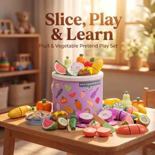 WHOHOLL 42 Pcs Play Food Set for Play Kitchen Accessories, Wooden Toys Pretend Cutting Food, Montessori Fruit and Veggies Christmas Birthday Gifts for Boys Girls 3-6 - Image 4