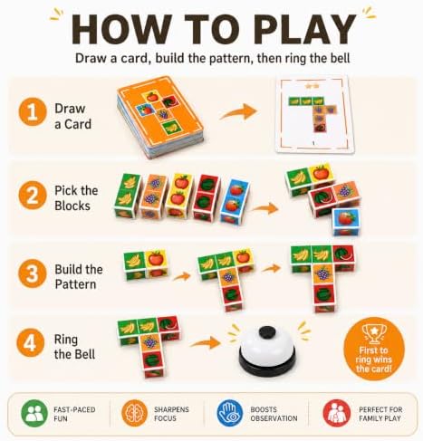 Fruit Matching Game with Blocks, 2-4 Player Battle Blocks Race Toy with 100 Challenge Cards and Buzzer, Memory Matching Puzzle Board Game, Montessori Preschool Learning Toy for Kids 3+ - Image 4