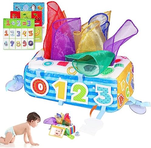 Baby Tissue Box Toy, Soft Montessori Tissue Box Baby Toys 6 to 12 Months, High Contrast Crinkle Paper Sensory Silk Scarves Toys for 1 Year Old Boys Girls Kids Early Learning Gifts by VPOJOY