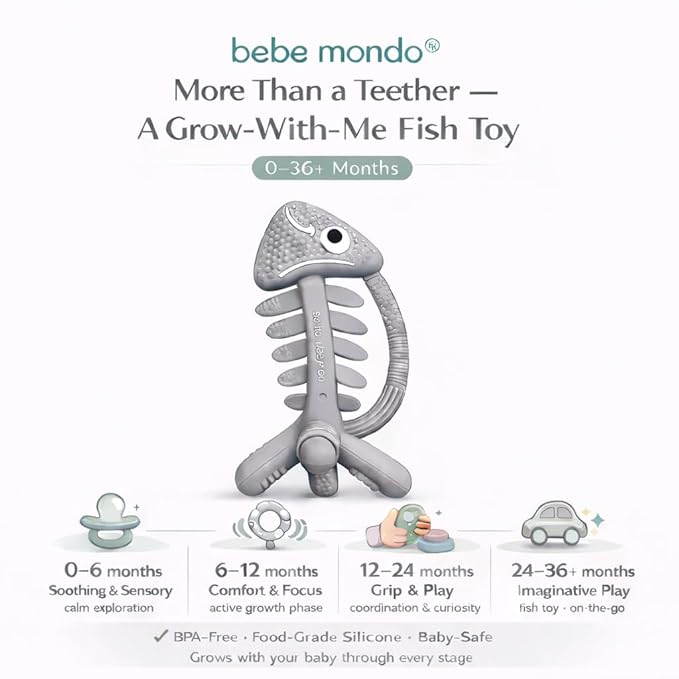 Infant Toys, Teething Toys for Babies 0-6 Months, Baby Teether 3D Fish Hand Pacifier Silicone, Soft-Textured Newborn Infants Baby Toys for Teething Relief 6-12 Months, USA Patent Pending(Grey)