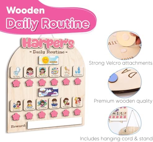 Personalized Wooden Chore Chart for Kids, Daily Routine Chart for Toddlers, Visual Schedule for Kids Age 3-5, Morning Bedtime Routine for Girls (02_1) - Image 6