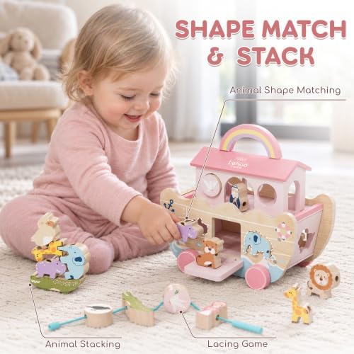 Lehoo Castle Pink Wooden Noah's Ark Toy for 1 Year Old Girl, Baptism Gift - Image 4