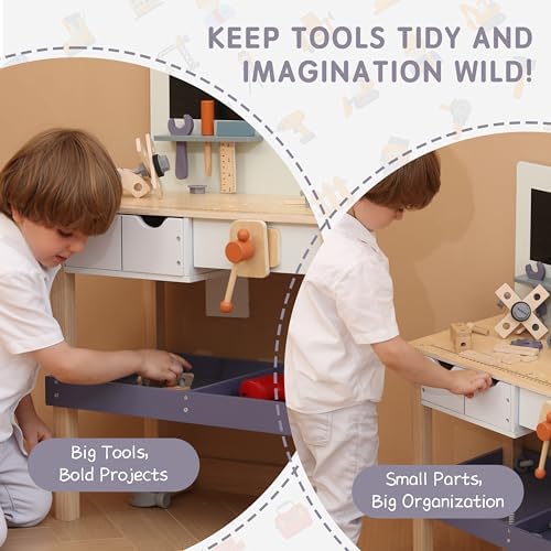 Wooden Tool Bench for Kids with Electric Drill, Drawers & Lower Shelf - Image 3