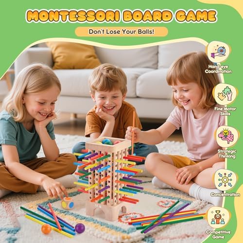 Montessori Game Wooden Board Games, 42 Colorful Sticks Dice Game Math Learning Toys for 3 4 5 6 Year Olds, Builds Fine Motor Skills & Counting, Family Travel Games for 3 Year Olds Gift for Kids - Image 3