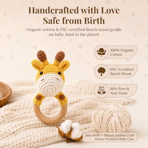 Néa Archí Crochet Baby Rattle, Organic Cotton & Beech Wood, Giraffe - Image 3
