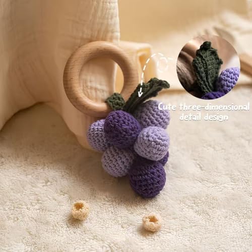 Wooden Baby Rattle Toys Stuffed Crochet Rattle with Teether Ring for Newborn Babies Fruit Wooden Teether Toy Infant Toddler Handcrafted Crochet Rattles Cute Shower Gifts for Boy and Girls - Image 6