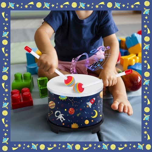 Boao Floor Tom Drum for Kids 8'' W x 6.5'' H Wooden Percussion Instrument Music Drum with 2 Rainbow Mallets Astronaut Educational Toys for Baby Children Toddler Boy Girl Birthday Gift - Image 6