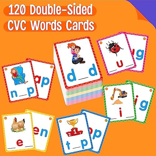CVC Word Writing Cards, 120 Double Sided Handwriting Cards Short Vowel Spelling Flashcards CVC Sight Words Early Educational Tool for Kids 3 4 5 Years Old (Plus 2 Markers & 3 Reclosable Plastic Rings) - Image 2