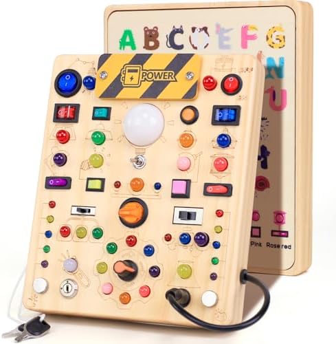 Busy Board with 19 LED Light Switches, Montessori Toys for 1 2 3 Years Old, Wooden Sensory Board, Toddlers Activity Travel Toys for 1 2 3 Year Old Boy & Girl Birthday Gift (Big) by iHarPro