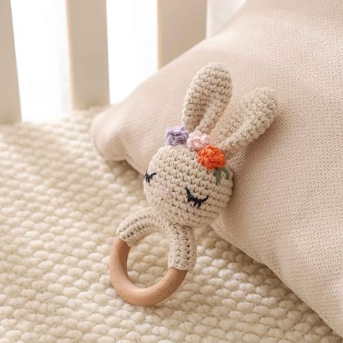Natural Hand-Knit Wooden Baby Rattle - Soft Animal Shaped Sensory Toy for Newborns, Infants | Safe Beechwood & Crochet Texture | Perfect Baby Shower Gift - Image 6