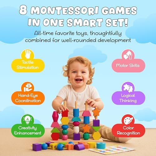 8-in-1 Busy Hands Fine Motor Skills Toys Kit for Toddler, Montessori Toys Set for 3+ Years Old, Learning & Education Toys, Color Shape Sorter, Stacking Toys, STEM, Wooden Toys - Image 4