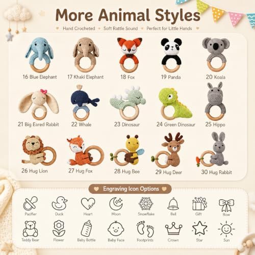Personalized Crochet Animal Rattle, Custom Engraved Wooden Baby Toy - Image 7