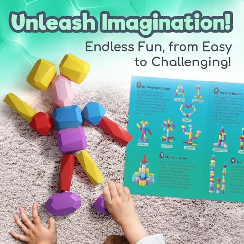 Wooden Stacking Blocks – Montessori Toys for 1 2 3 4 5 6 Year Old Toddlers and Kids, No Choking Hazard – Building Rocks Stones Games, for Girls and Boys - Image 5
