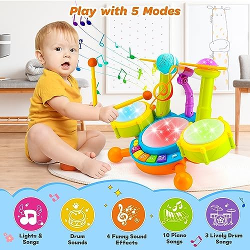 Kids Drum Set for Toddlers Musical Baby Toys Boy Gifts Montessori Baby Girl Toys with Microphone Light Up Learning Toys Birthday Gifts for Infants Toddler Age 3+ - Image 2