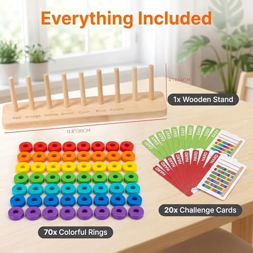Color Sorting & Stacking Game with Challenge Cards for Kids, Wooden Color Matching Game with 40 Patterns(Easy & Hard), Fine Motor Skills Learning Montessori Toy, Preschool Educational Gift for Kids - Image 6