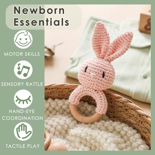Baby Crochet Rattle Toy - Hand-Knitted Animal Bunny Teether with Soft Bell, Montessori Sensory Toy for Infants 0-36 Months, Natural Wood Teething Ring, Ideal Newborn Keepsake Gift - Image 6