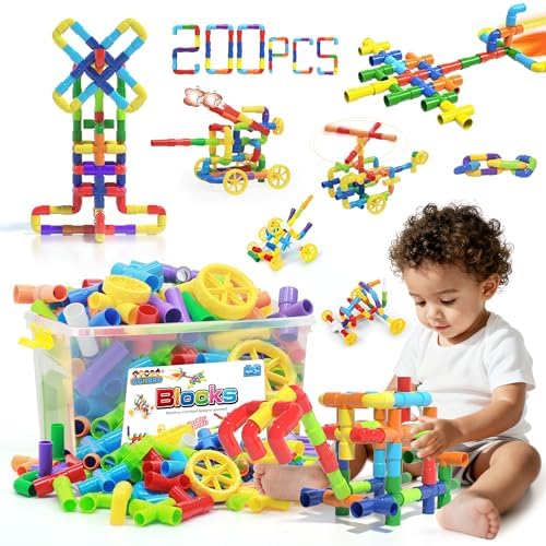 Ggiibro STEM Building Toy for Toddlers 200Pieces Tube Pipe Toy,Educational Preschool Game for 3+ Years,Learning Building Blocks Play with Storage Box Gift Kit,Montessori Toys for Boys & Girls by StrawBuildingClub