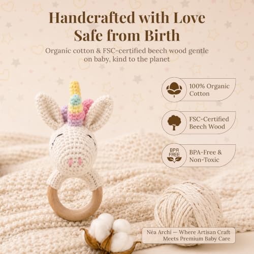 Néa Archí Crochet Baby Rattle, Organic Cotton & Beech Wood, Unicorn - Image 3