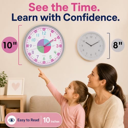 OWLCONIC Pink Wall Clock - Learning Clock for Girls, Silent 10in Homeschool - Image 5