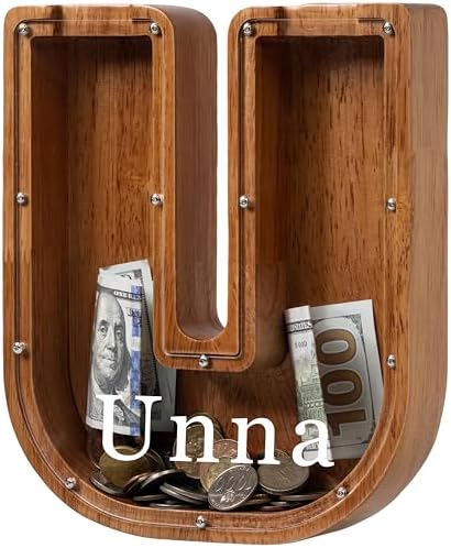 Personalized Large Wooden Kids Letter Piggy Bank - (Laser Engraved) Custom Piggy Bank for Boys Girls - Wooden Banks with Initials - Alphabet Money Box Bank Birthday Letter U Bank by Ladenk