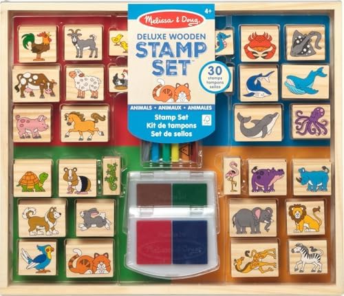 Melissa & Doug Deluxe Wooden Stamp Set: Animals - 30 Stamps, 6 Markers, 2 Stamp Pads Kids Art Projects, Wooden Stamps with Washable Ink, for Kids Ages 4+ by Unknown