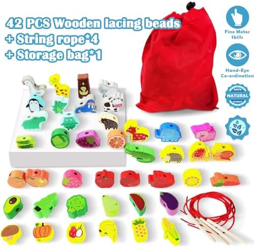 46 PCS Wooden Lacing Beads,Animals Fruits Threading Toys - Image 2