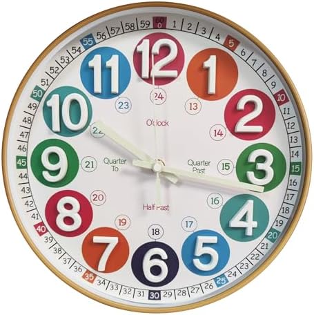 Learning Time Clock for Kids,12 Inch 3D Numbers Colorful Clock Face Silent Clocks，Bedroom,Kitchen,Classroom,Décor at School, Clear Digital Wall Clock for Kids Room (3D Wood Color Luminous) by SYOYUEX