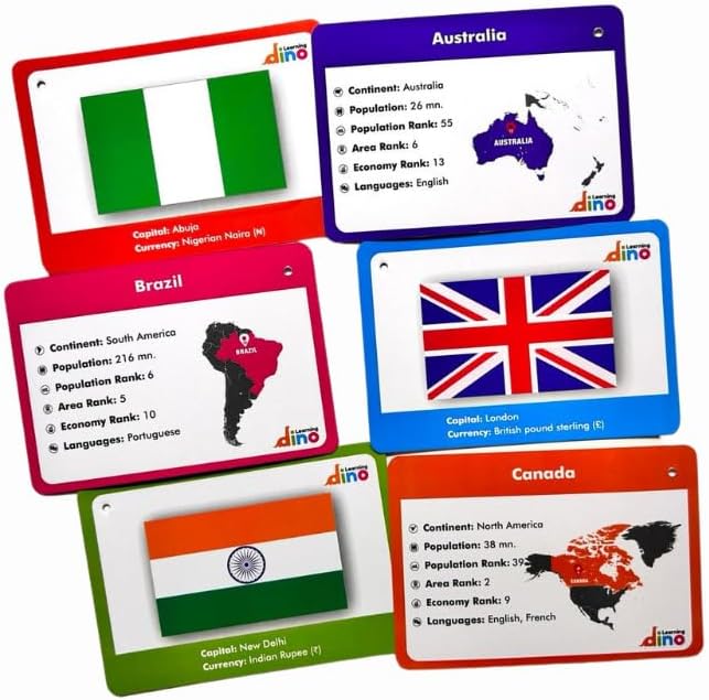 Flags of The World Flashcards | Covers 50 Countries with Country Flag, Map, Economy, Language, Currency & More | Helps Kids Learn Geography in a Fun Way | Premium Quality | by Learning Dino - Image 3