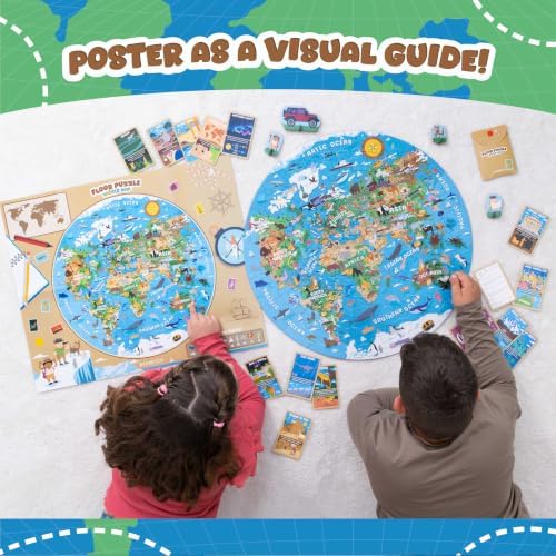 BONNYCO Giant Floor Puzzles for Kids World Map with 70 Large Pieces. Round Globe Puzzle with Animals, 23 x 23 in, 15 Cards, 4 3D Figures, Guide. Learning Gifts, Toys for 4 Year Old Boys - Image 6
