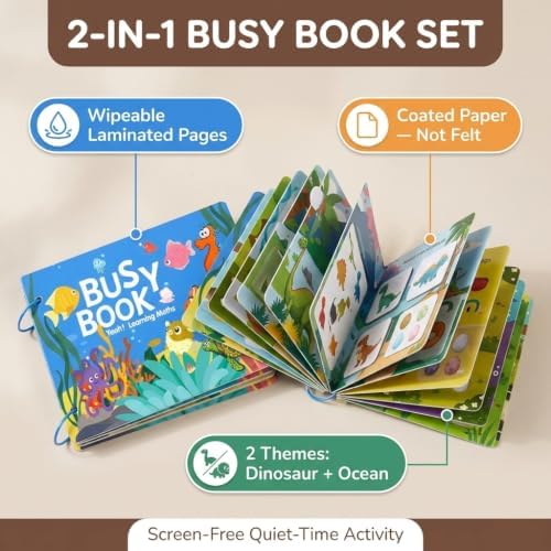 Montessori Busy Book Set (Dinosaur + Ocean) – Preschool Learning Activities for Ages 3+, Fine Motor Skills, Interactive Velcro Activity Kit, Travel Toy for Kids (2-in-1 Bundle) - Image 2