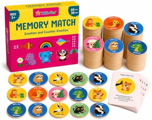 Emotional Intelligence Game for Kids | Feelings Memory Match Game | 90 Pieces: 60 Wooden Discs & 30 Emotion Regulation Cards | Social Emotional Learning SEL Games | Montessori Game | Ages 3-12 by Unknown