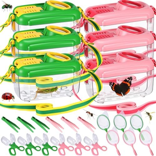 Halloscume 6 Sets Bug Catcher for Kids Students Insect Catching Kit Collector Bug Box with House, Butterfly Net, Tweezer, Cage Habitats Container Collection Explorer Gift (Pink,Green) by Halloscume
