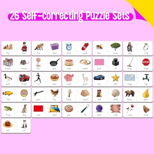 Rhyming Puzzles, 26 Groups Rhyming Word Cards Phonics Matching Game Self-Correcting Puzzle Early Childhood Learning Card for Kindergarten Preschool - Image 2