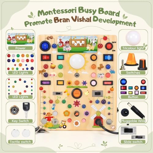 Busy Board with 19 LED Light Switches, Montessori Toys for 1 2 3 Years Old, Wooden Sensory Board, Toddlers Activity Travel Toys for 1 2 3 Year Old Boy & Girl Birthday Gift (Big Farm) - Image 3