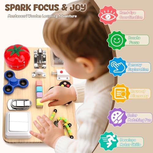 Fidget Spinner Pad Busy Board Toys Robot Fidget Spinner Music Box Switch Latches Keyboard Sensory 11 in 1 Wooden Montessori Travel Activity Board Focus Toy Motor Skills Gift for Girls Boys - Image 5