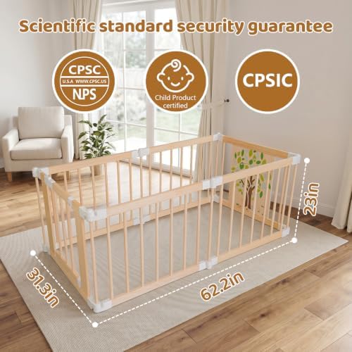 Wooden Baby Playpen with Child Safety Lock, 6-Panel Adjustable Foldable Play Yard for Toddlers, Tree Activity Board Montessori Playpen, Portable Indoor Baby Fence & Activity Center for Infant - Image 5