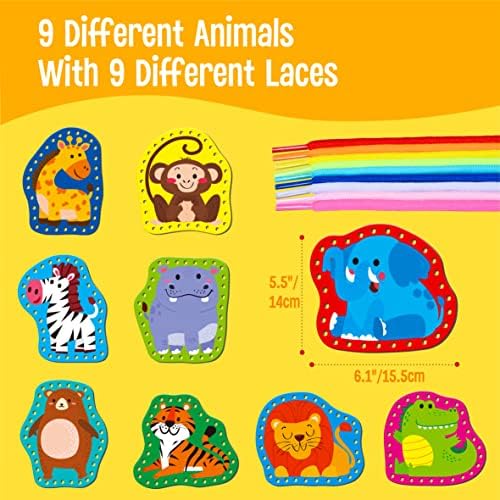 SpriteGru 9 Pieces Kids Lacing Cards, Double Sided Sewing Cards in 9 Wild Animals with 9 Colorful Laces, Imagination Development Lacing Toys Games for Children Educational and Learning Activity - Image 2