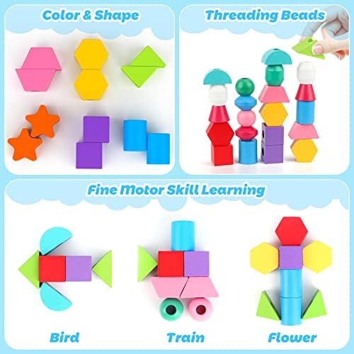 Montessori Wooden Beads Sequencing Toy Set, Stacking Blocks & Lacing Beads & Matching Shape Stacker, Montessori Toys for 3 4 5 Year Old STEM Preschool Learning Toys Gifts for Kids Boy Girl Toddler - Image 5