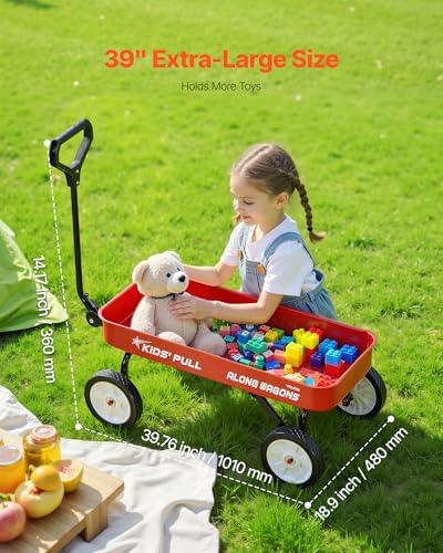 VEVOR 39 inch Pull Along Kids Wagon, Red Rolling Utility Cart Wagons for Kids, Cargo Wagon for Garden, Beach, Camping for Child Present - Image 4