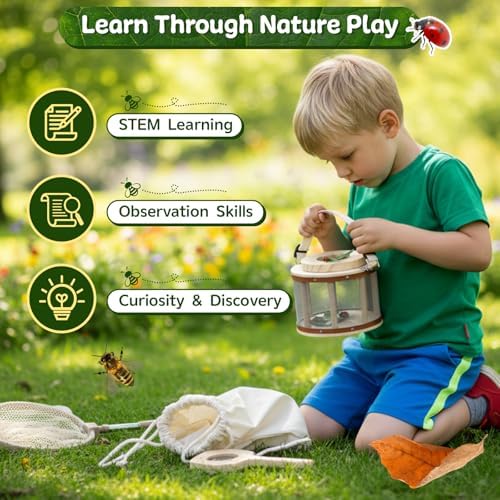 GAGAKU Wooden Bug Catcher Kit for Kids 4-8, Outdoor Explorer Set with Expandable Butterfly Net, Magnifying Glass, Tweezers, Educational Catching Toy for Backyard Camping, Gift for Boys Girls - Image 7